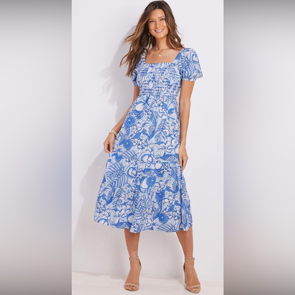 Vineyard Vines Blue White Smocked Puff Sleeve Midi Dress Open Back Size Medium